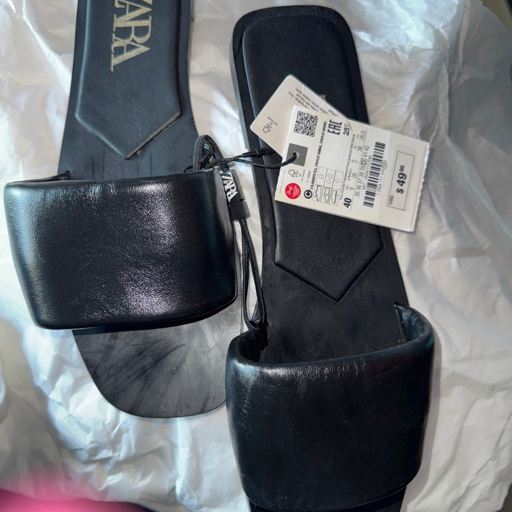 Zara Elegant Black Leather Slides
